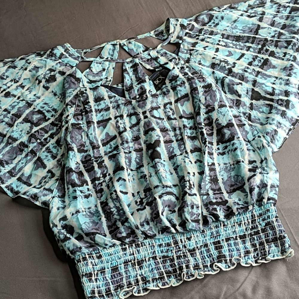 Bcx blue and teal butterfly blouse